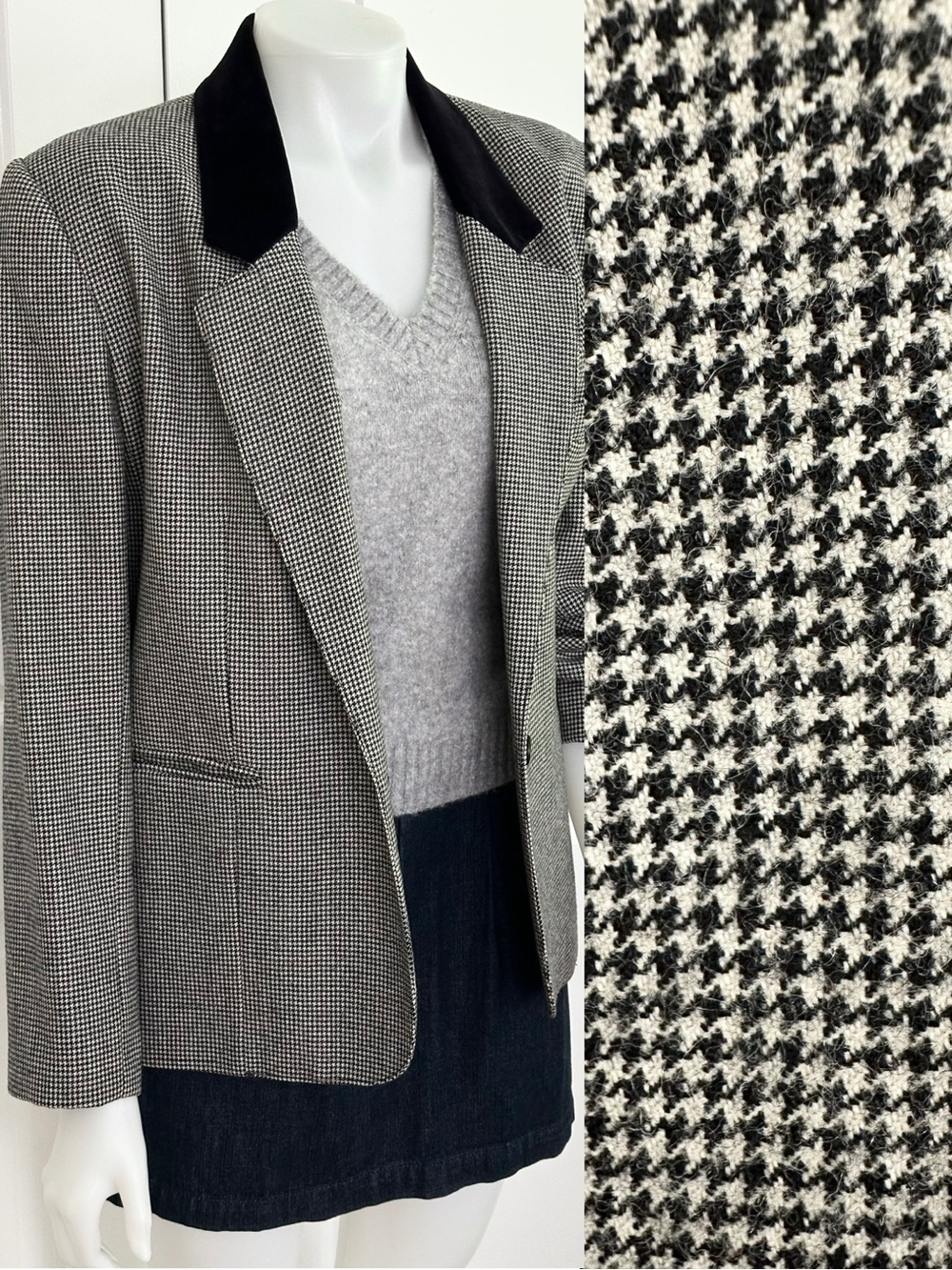 Vintage 90s Fall Classic Wool Houndstooth Oversized Blazer - Black Velvet Collar